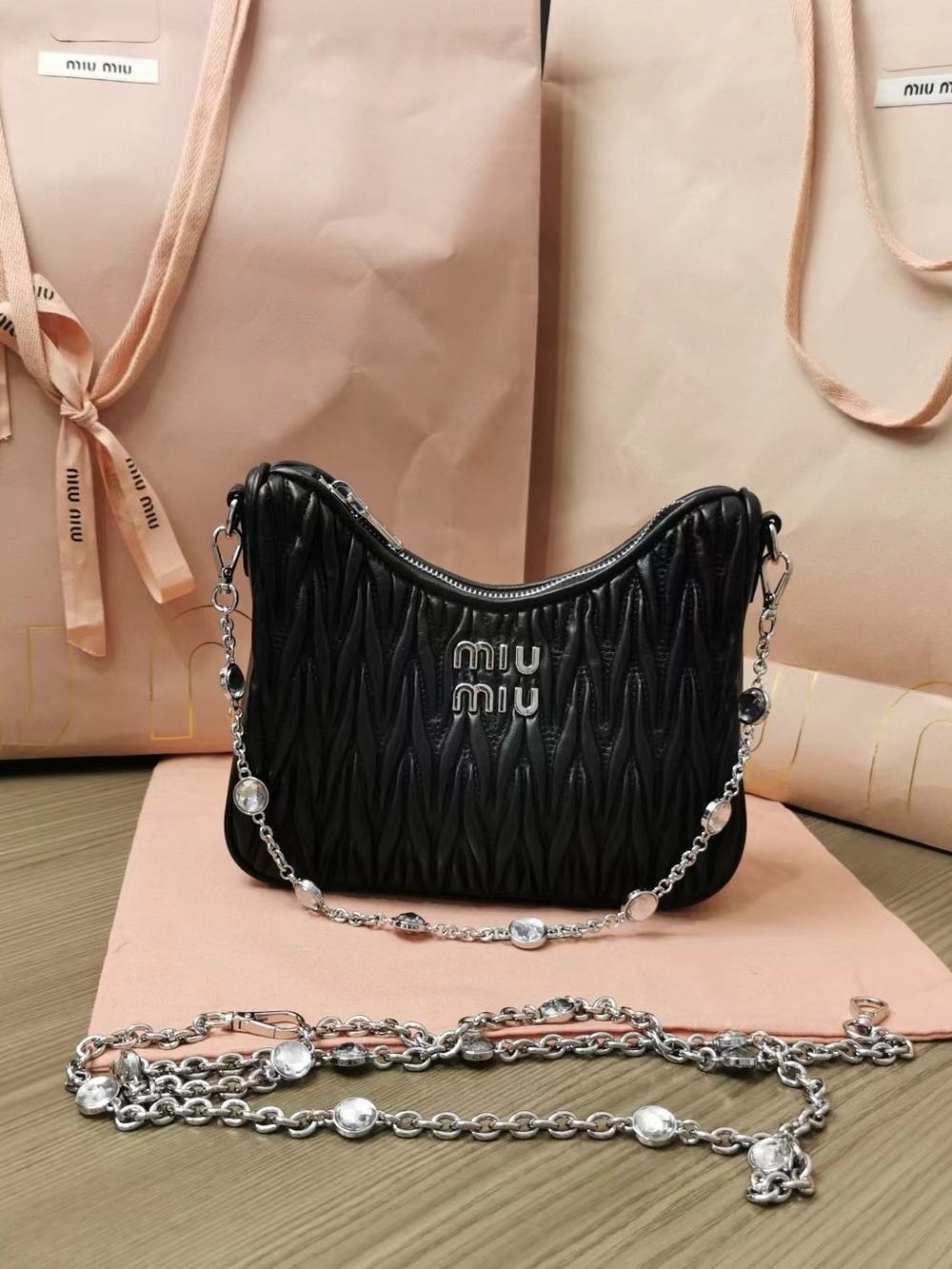 Miu Miu Crystal Chain Shoulder Bag Pleated Lambskin